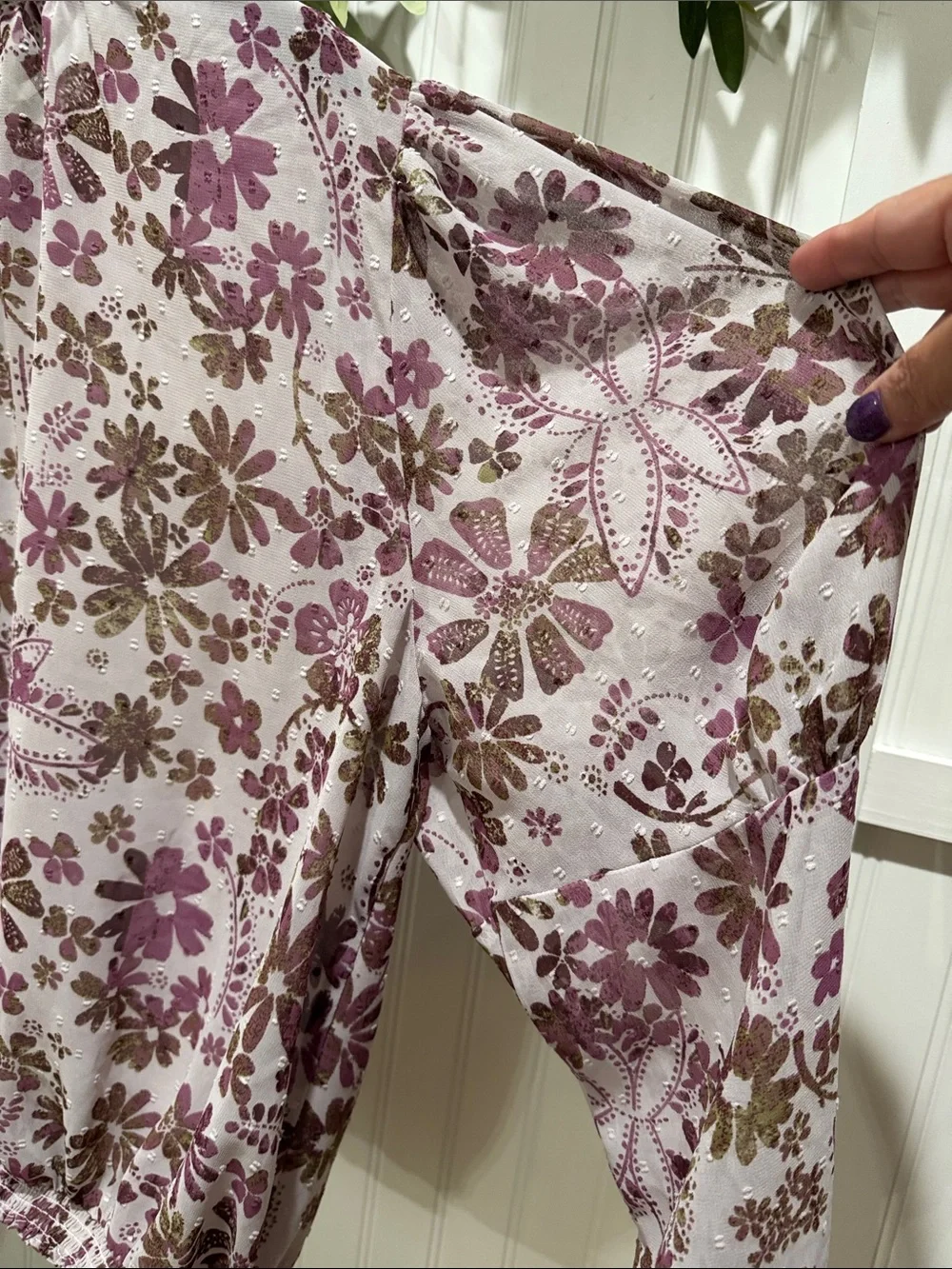 #822 FREE PEOPLE Lavender Brown Floral Smocked-Neck Puff Sleeve Blouse